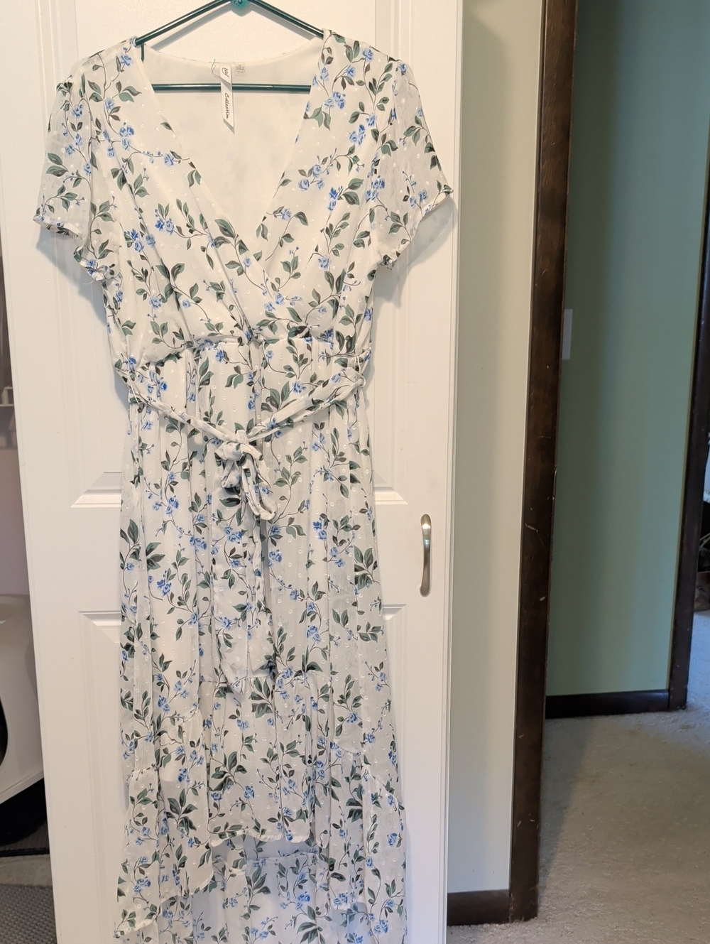 NY Collection White Floral High-Low Wrap Dress with Blue & Green Print